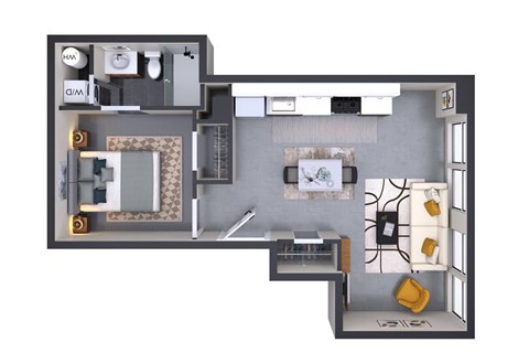 Floor plan for 1 bed, 1 bath, 557 sqft